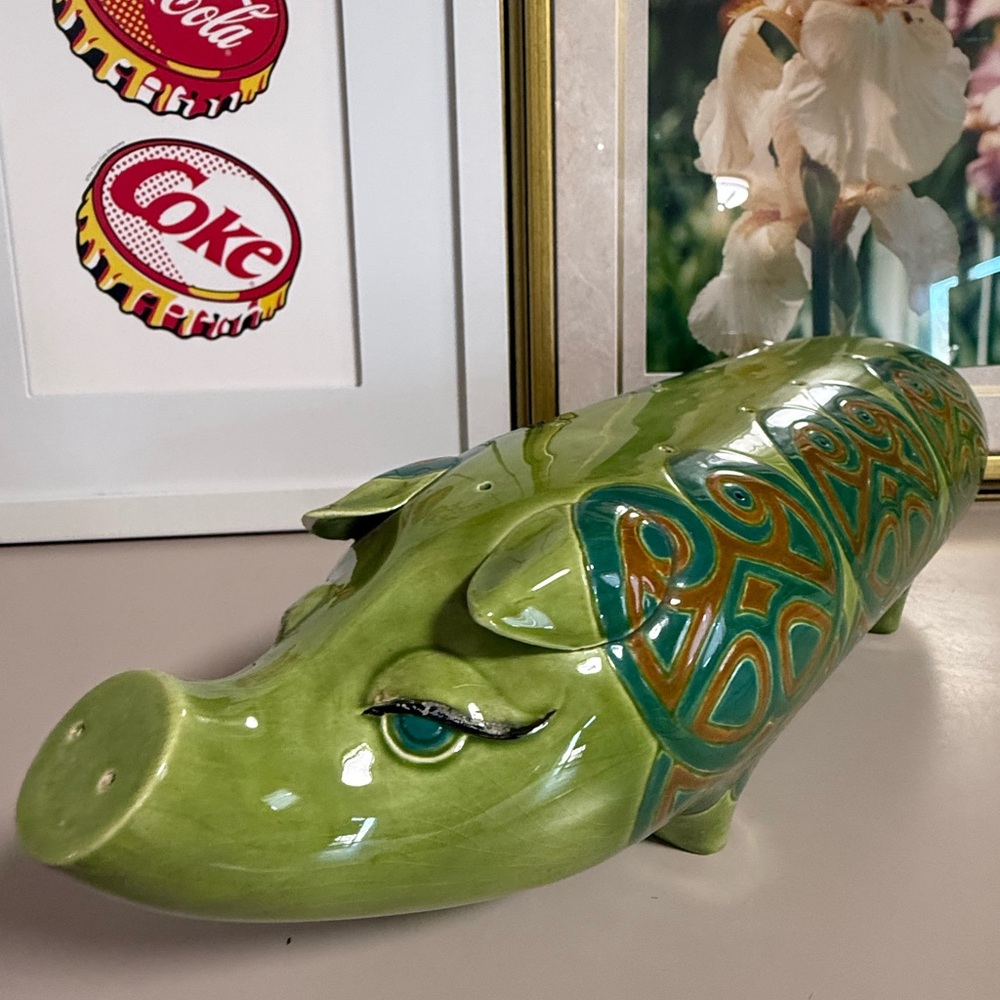 Green Ceramic Decorative Pig Figurine with Teal Accents - Picture 10 of 16